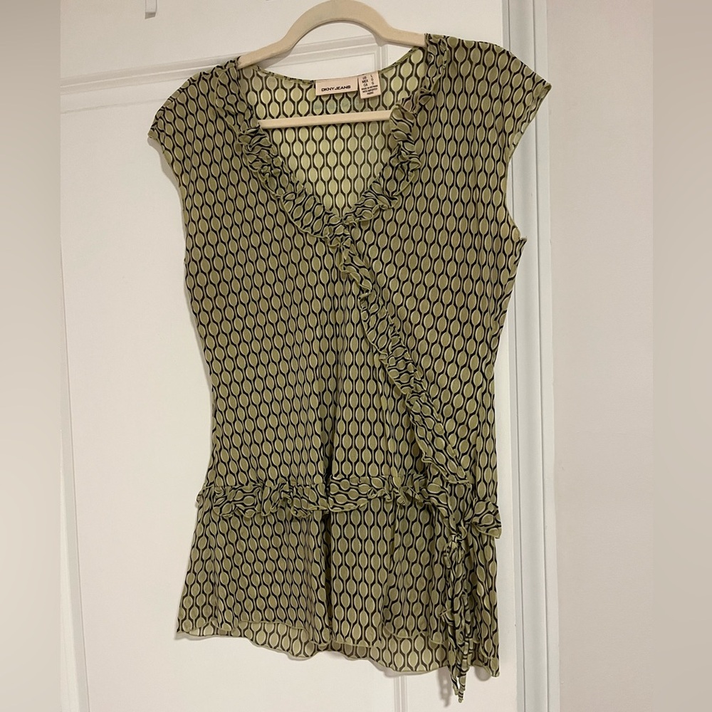 Vintage DKNY green and white blouse with ruffles
